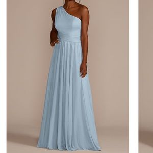 David’s Bridal One shoulder bridesmaids dress in dusty blue